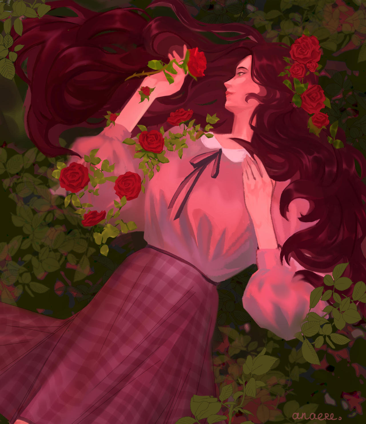 A drawing of Hannah. She's lying down in the grass, her skirt and hair spread out underneath her. Just around her body are many roses. It's unclear if the roses are growing from the ground underneath her or are growing from her hair and clothes.